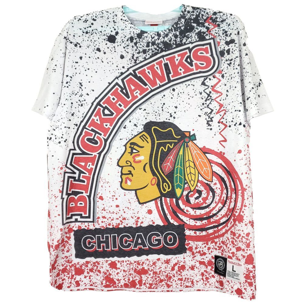 Chicago Blackhawks Mitchell & Ness NHL L Large Shirt Splatter Art White NWT